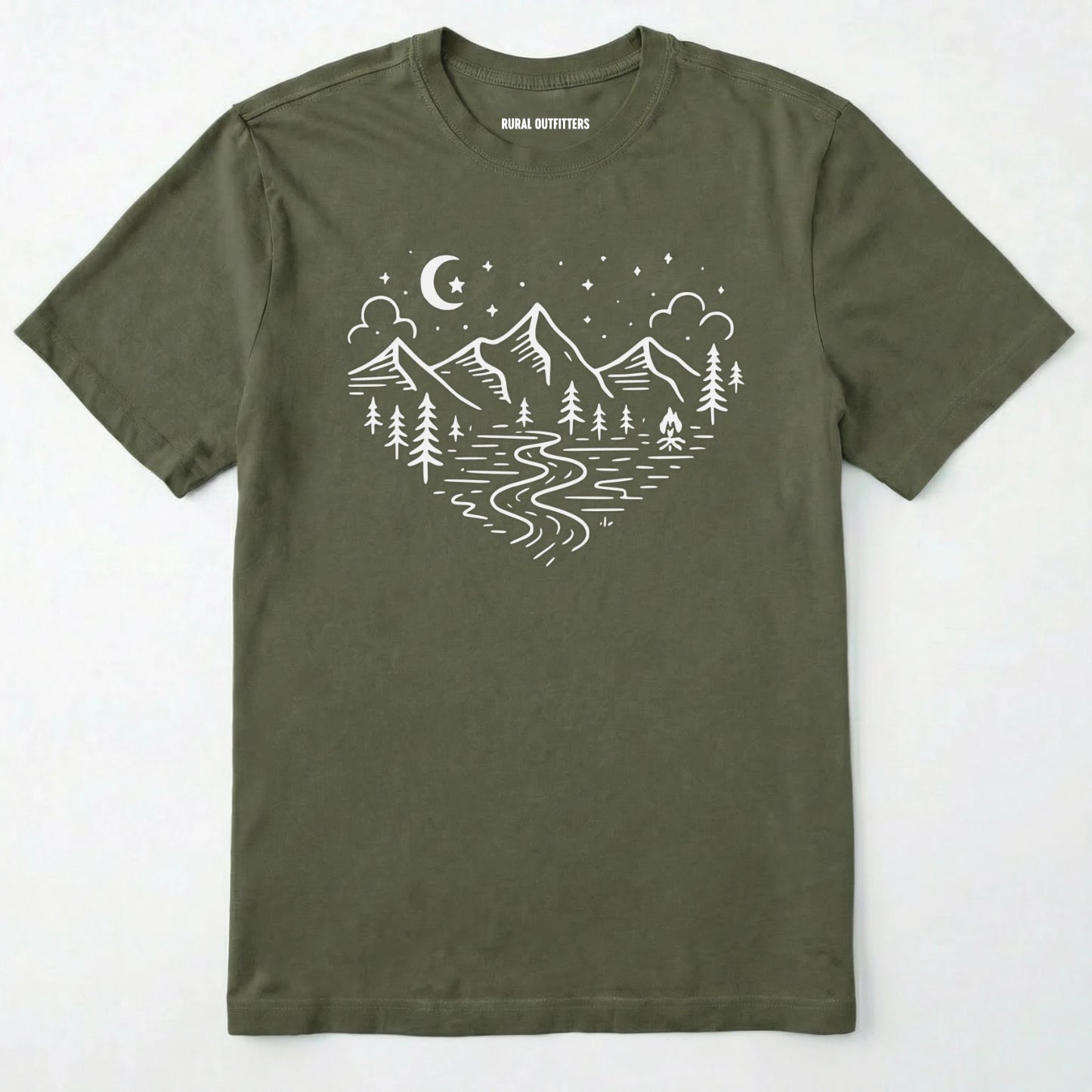 Military Green love nature t-shirt with mountain and forest heart graphic on a white background.