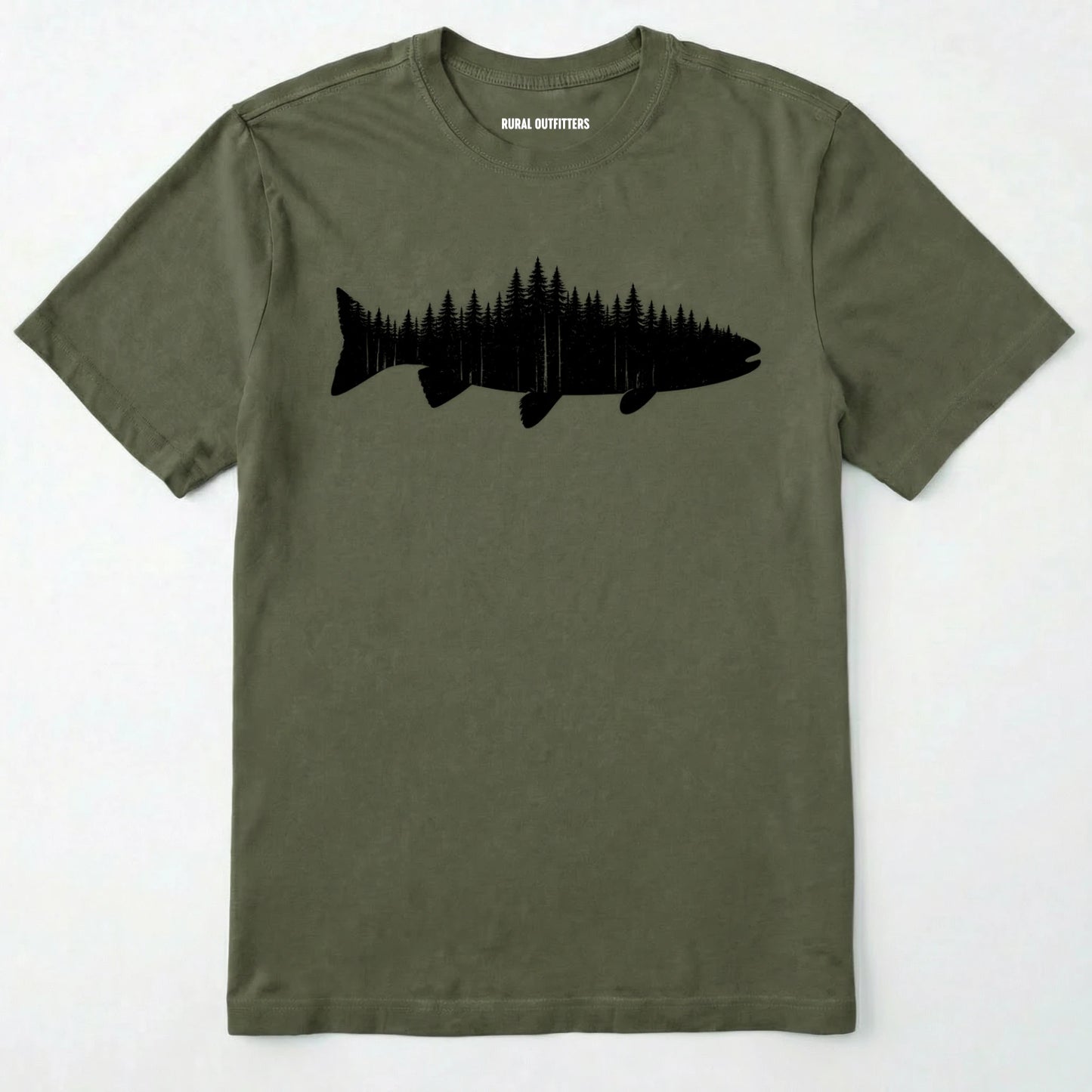 Military Green t-shirt with a black fish and forest design on a white background
