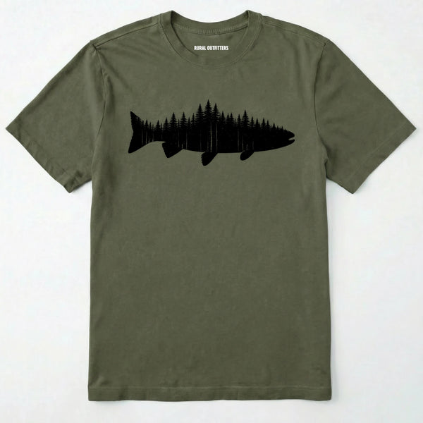 Military Green t-shirt with a black fish and forest design on a white background