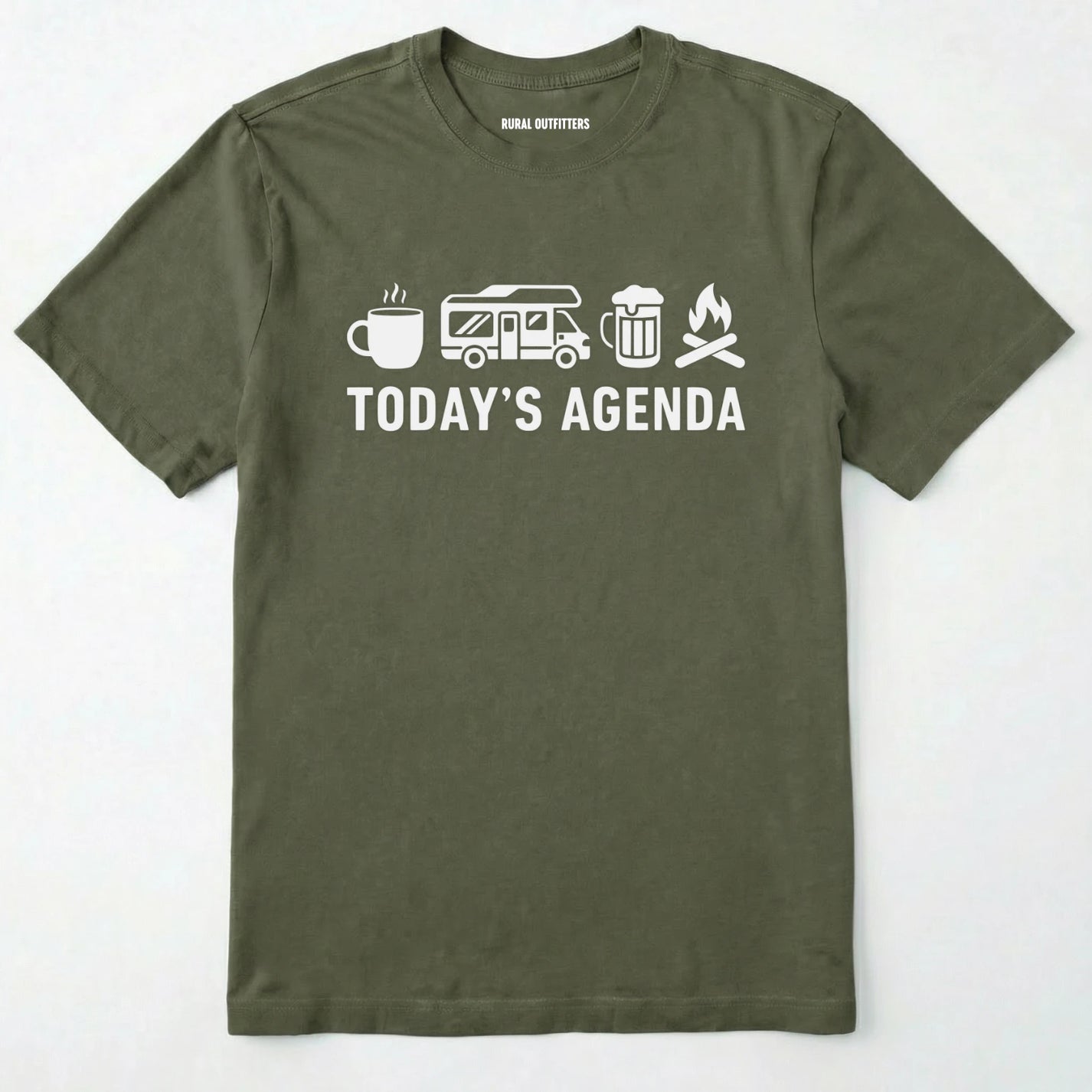 Military Green rv life shirt with coffee, rv beer and campfire icons with 'today's agenda' text on a white background.