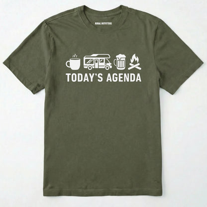 Military Green rv life shirt with coffee, rv beer and campfire icons with 'today's agenda' text on a white background.