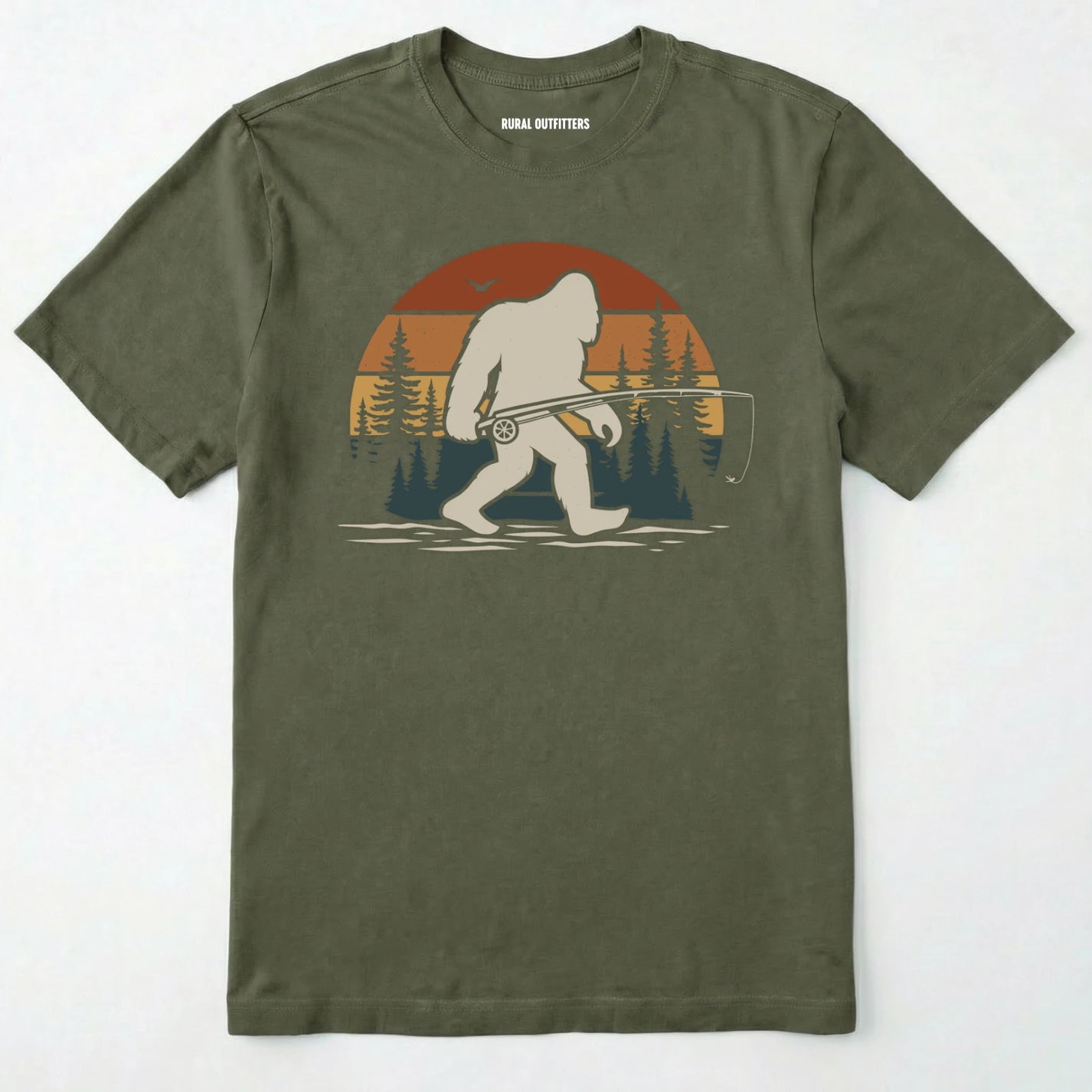 Military Green bigfoot fishing shirt with retro forest background