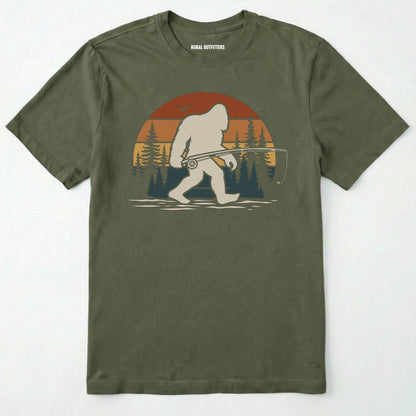 Military Green bigfoot fishing shirt with retro forest background