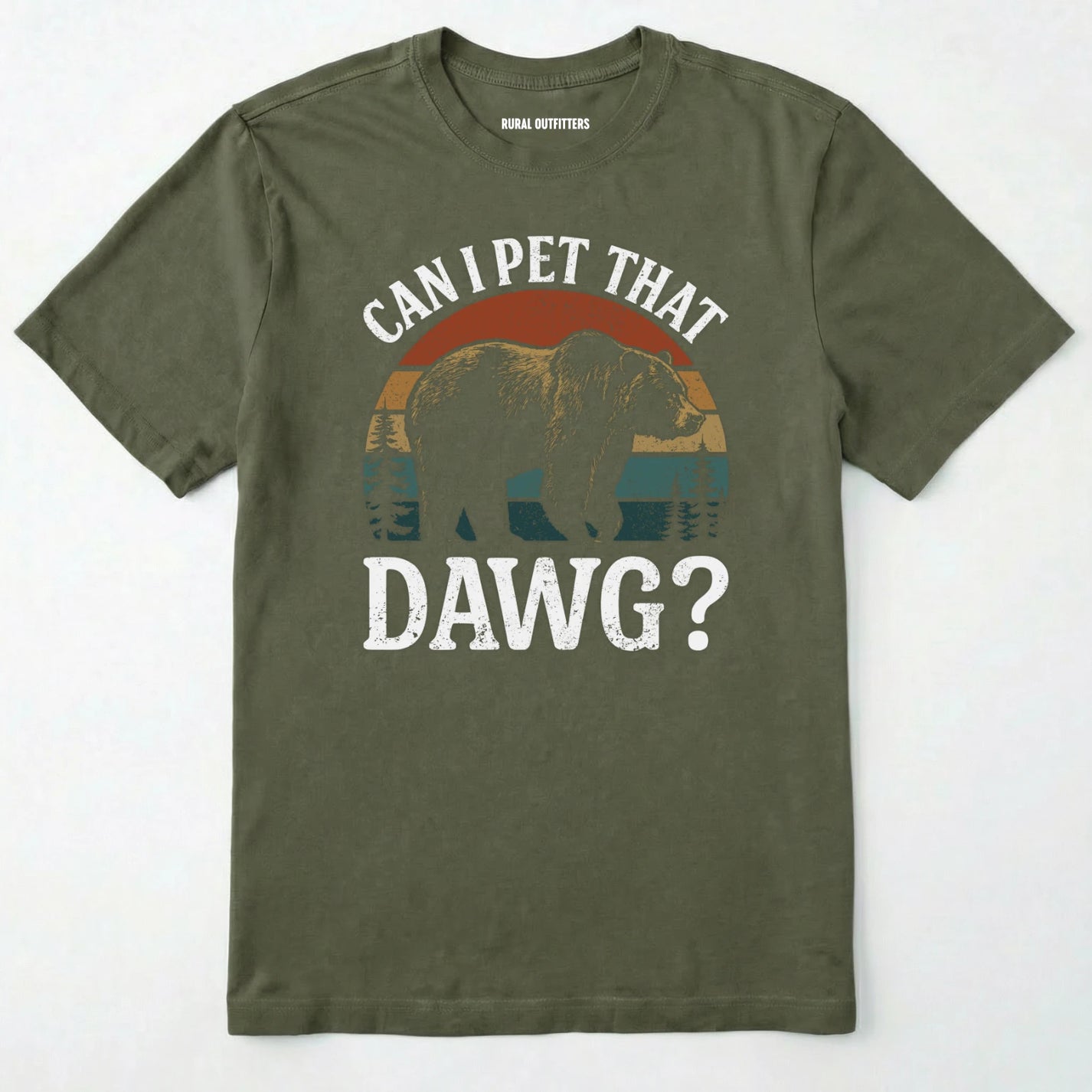Military Green funny can i pet that dog shirt with a retro bear graphic on a white background.