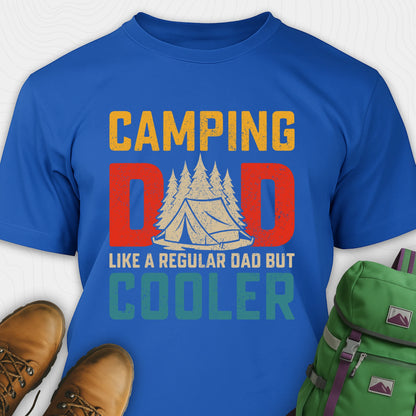 Blue camping dad shirt with retro tent and trees graphic