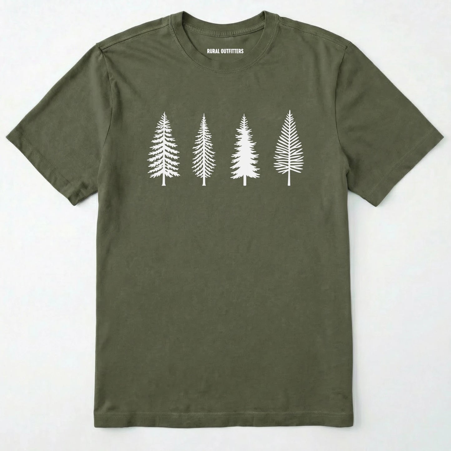 Military Green pine tree shirt with minimalist forest graphic on a plain white background