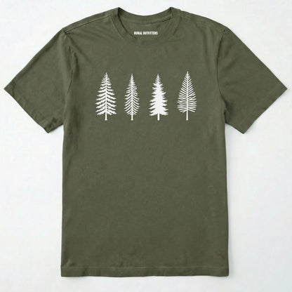 Military Green pine tree shirt with minimalist forest graphic on a plain white background