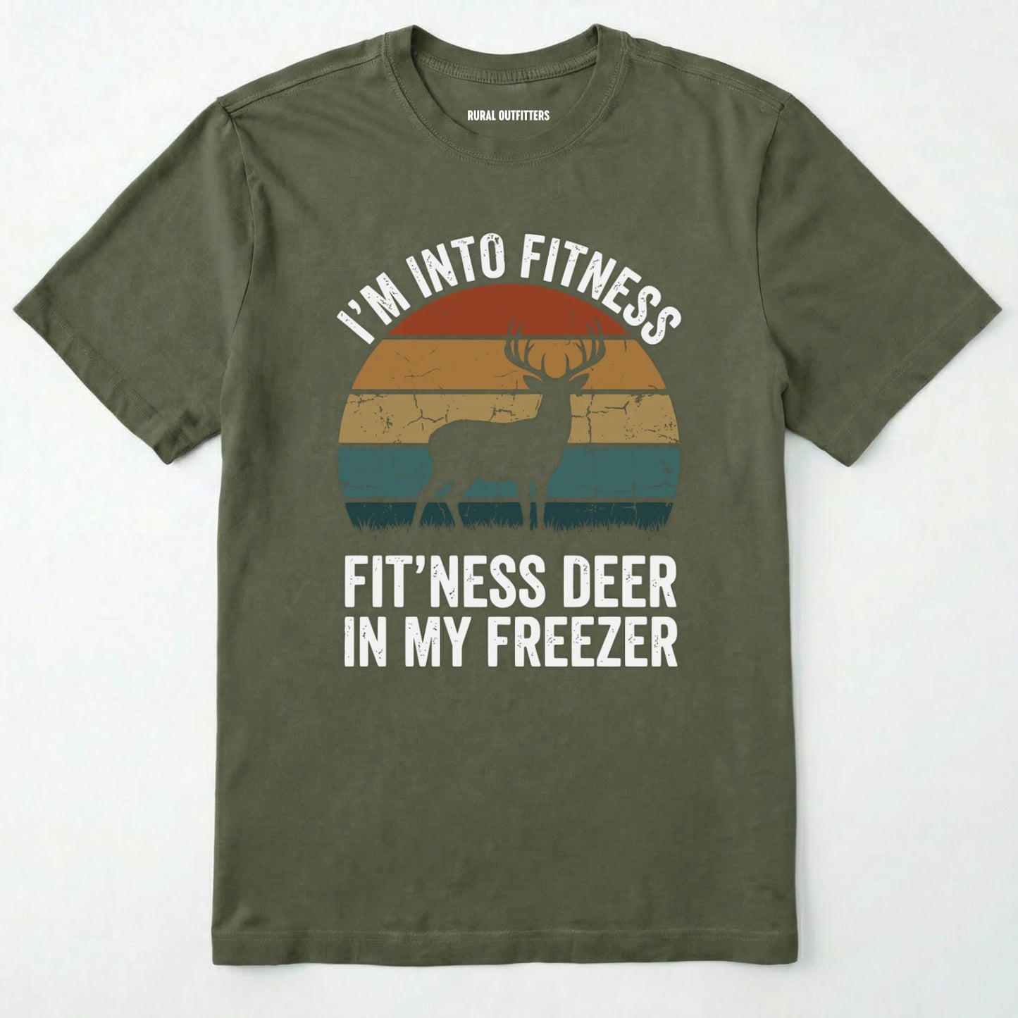 Military Green t-shirt with a graphic of a deer and text on a white background