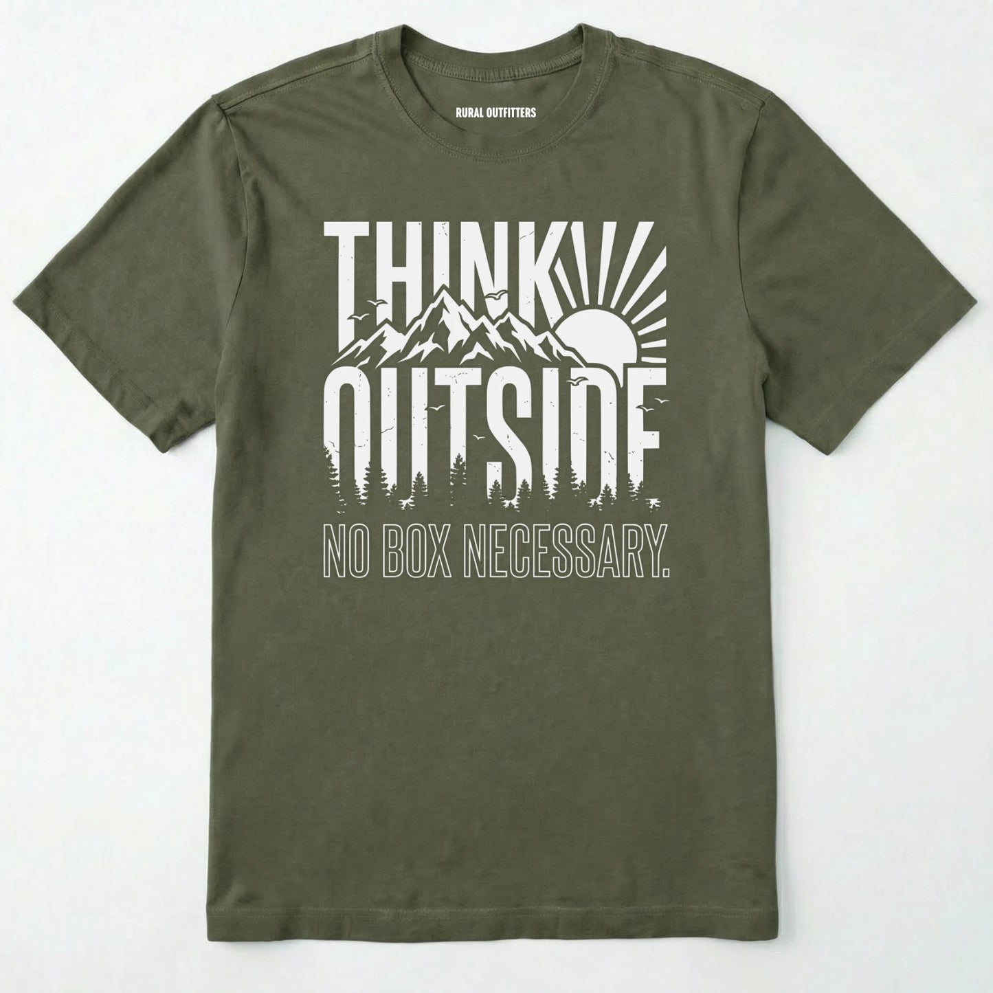 Military Green t-shirt with 'think outside, no box necessary' text on a white background