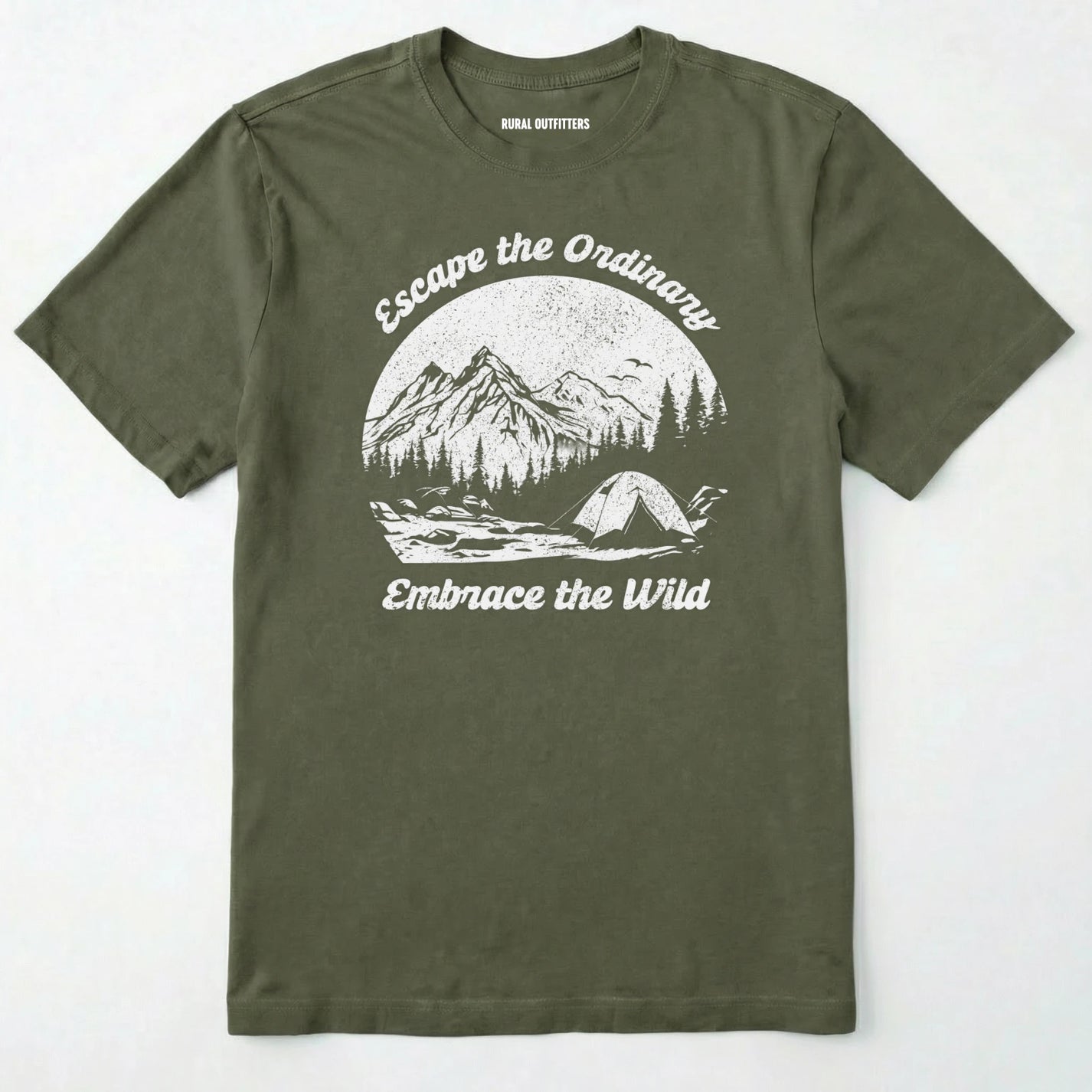 Military Green escape the ordinary t-shirt with mountain and tent graphic on a white background.