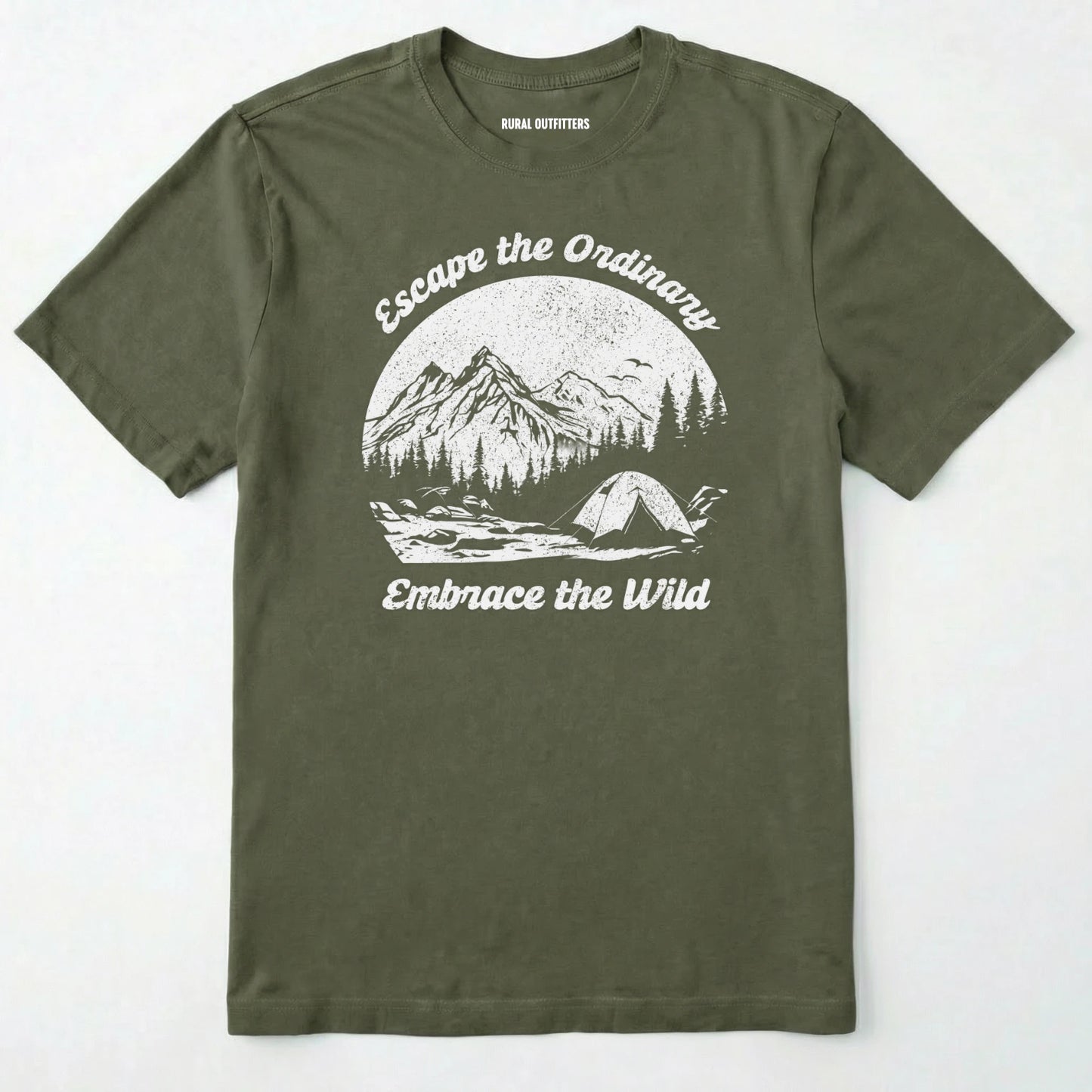 Military Green escape the ordinary t-shirt with mountain and tent graphic on a white background.