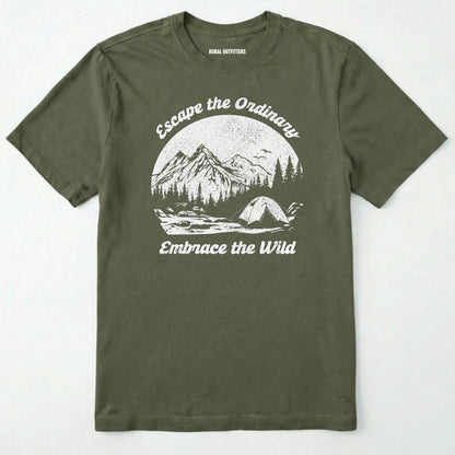 Military Green escape the ordinary t-shirt with mountain and tent graphic on a white background.