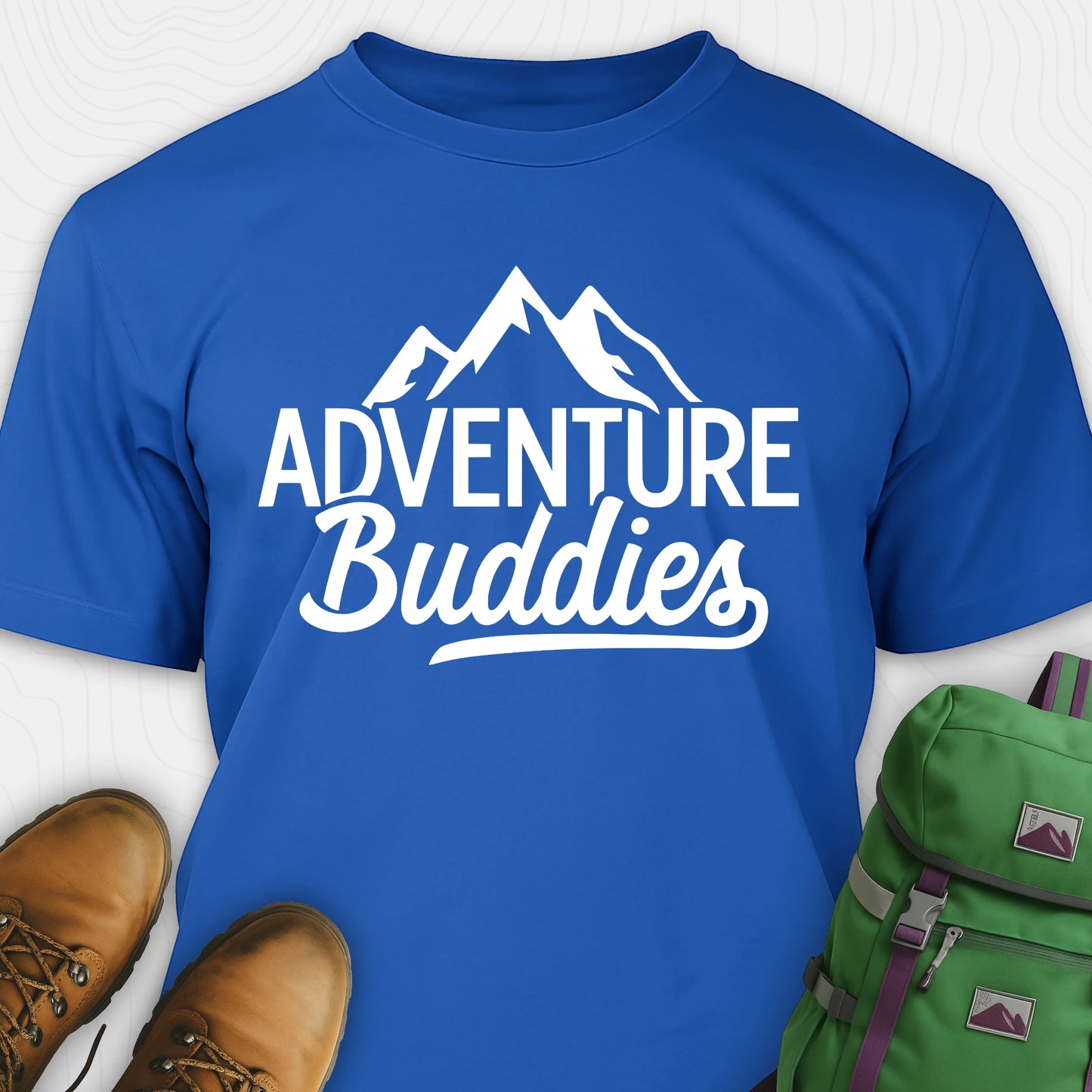 Blue adventure buddies t-shirt featuring mountain design
