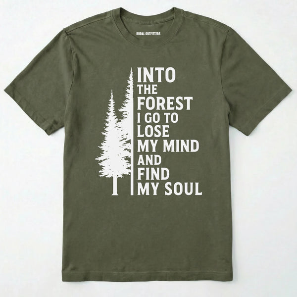 Military Green into the forest i go t-shirt with white forest graphic and tall trees design on a white background.