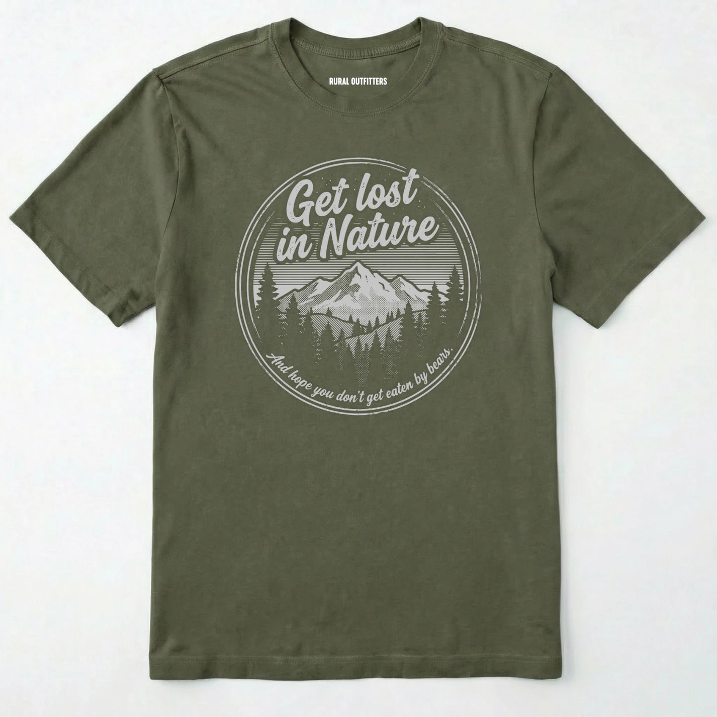 Military Green t-shirt with 'get lost in nature' graphic on a white background