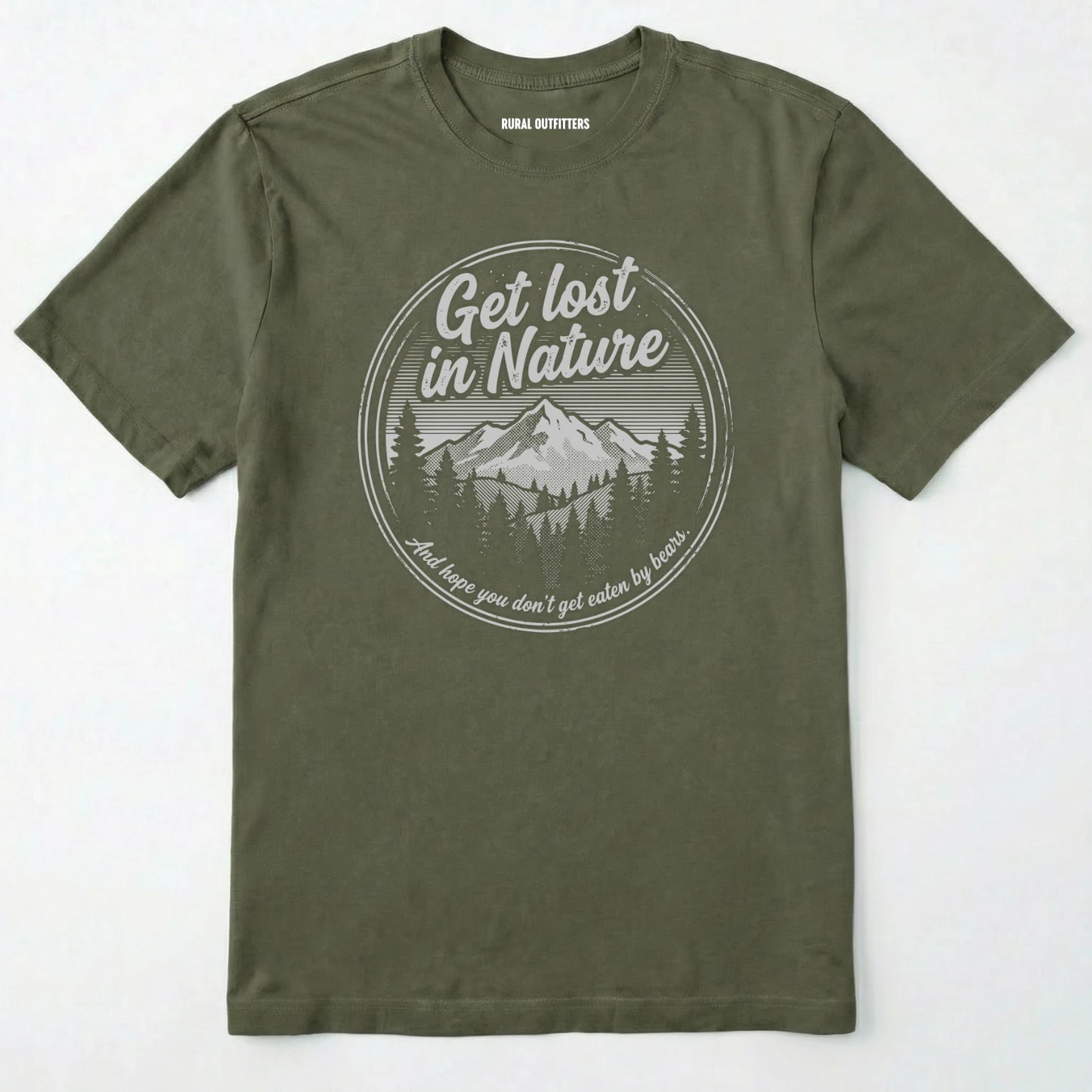 Military Green t-shirt with 'get lost in nature' graphic on a white background