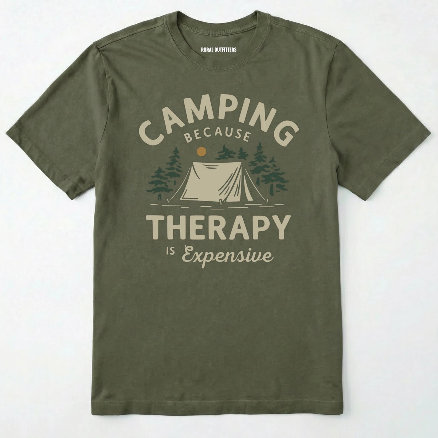 Military Green camping therapy shirt with a tent and pine trees design and "camping because therapy is expensive" text on a white background.