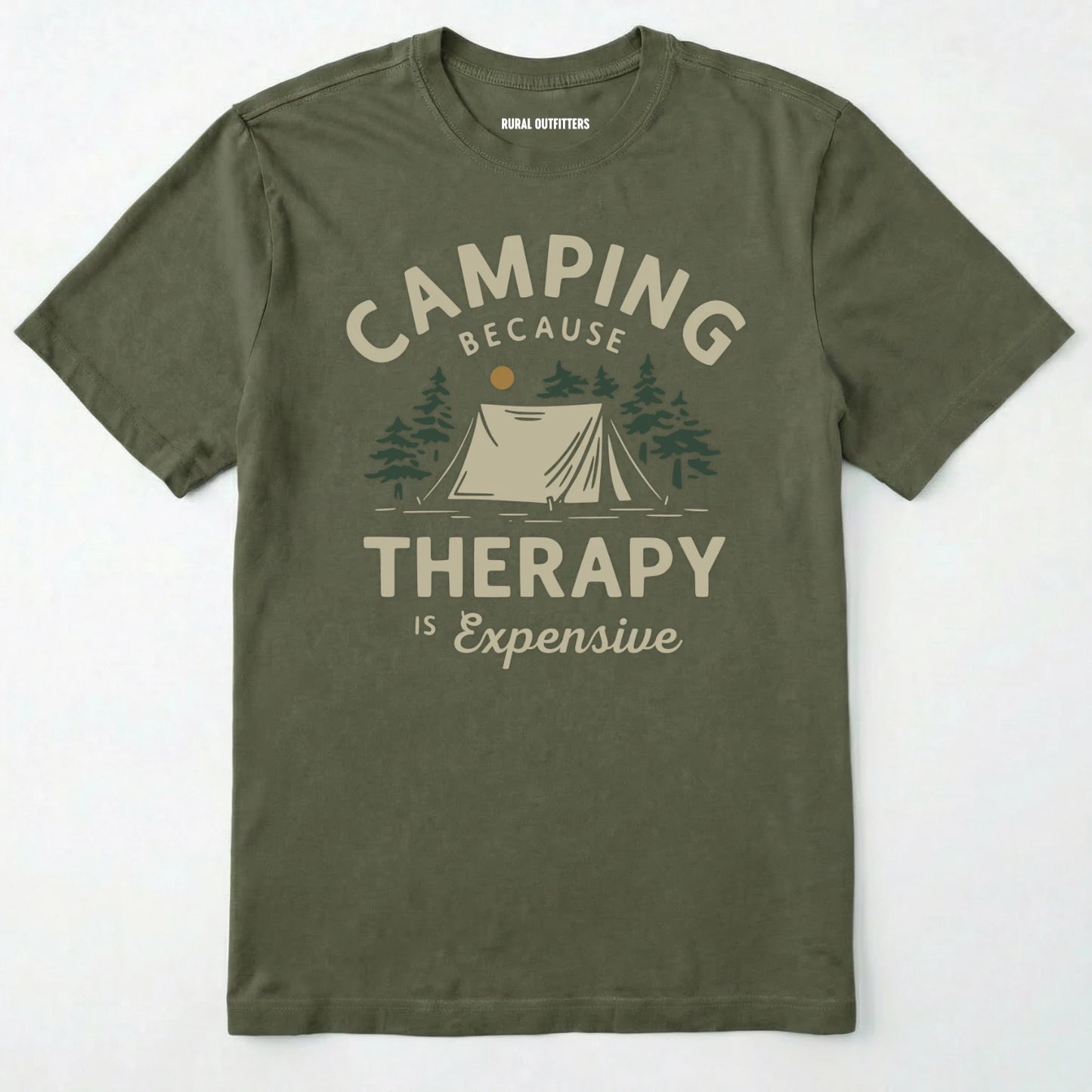 Military Green camping therapy shirt with a tent and pine trees design and "camping because therapy is expensive" text on a white background.