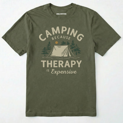 Military Green camping therapy shirt with a tent and pine trees design and "camping because therapy is expensive" text on a white background.