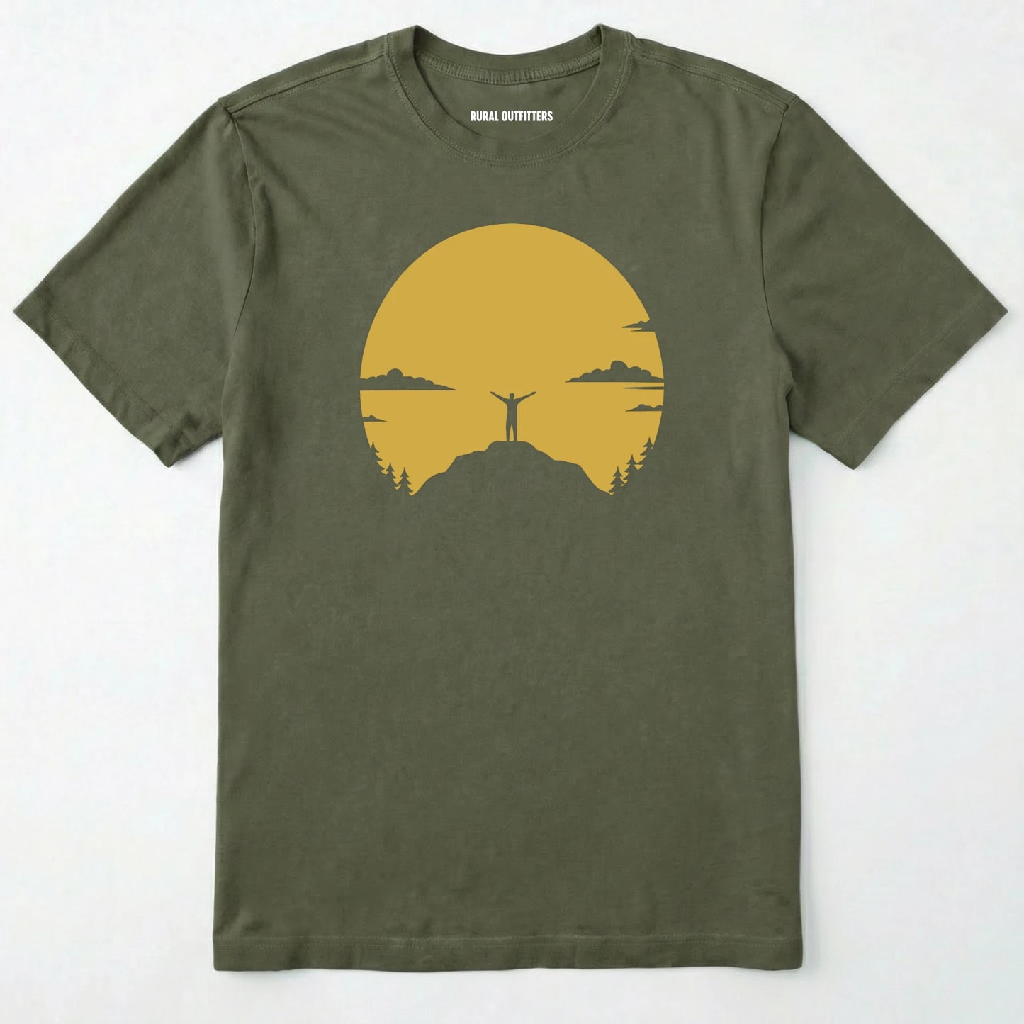 Military Green climbing shirt with a yellow sunset and a mountain climber silhouette on a white background.