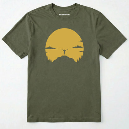 Military Green climbing shirt with a yellow sunset and a mountain climber silhouette on a white background.