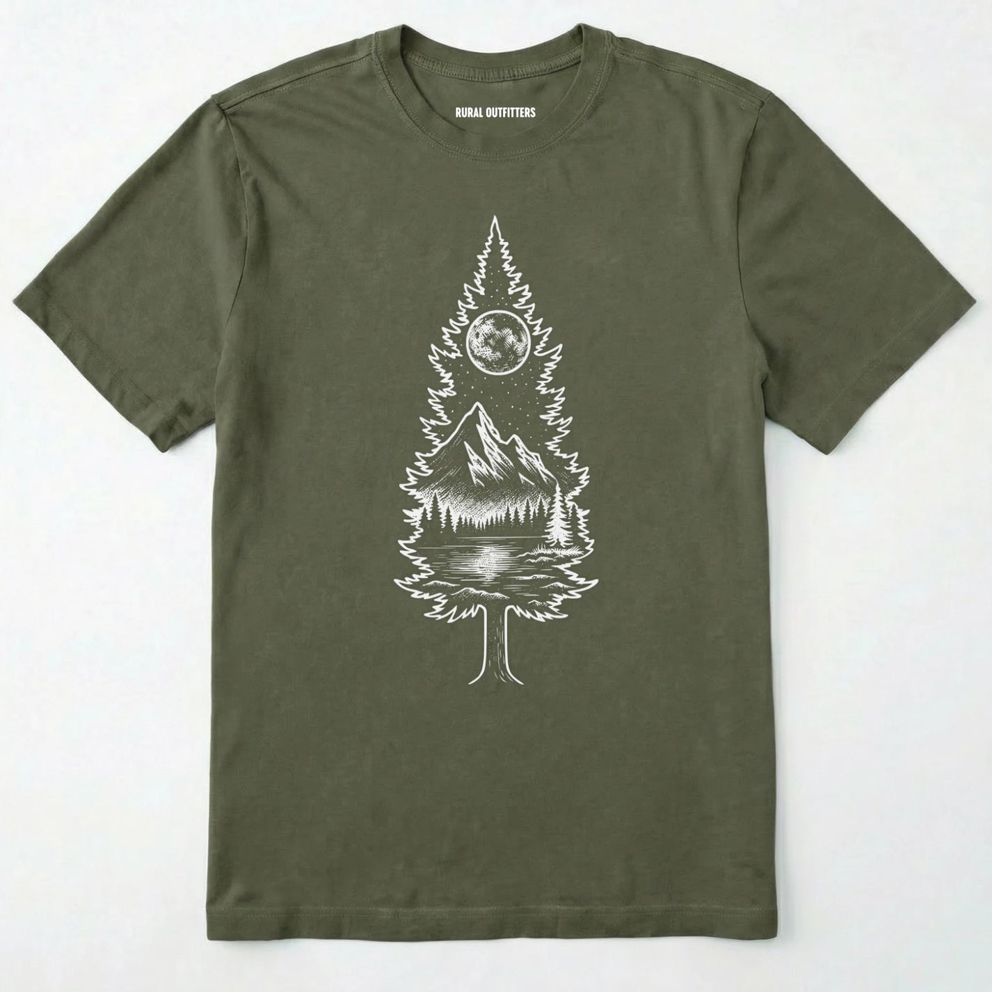 Military Green tree t-shirt featuring a detailed white graphic of a pine tree silhouette. the tree outline contains a landscape scene: a mountain peak rising over a forested shoreline, with its reflection visible in a lake below. above the mountain is a starry night sky and a full or partial circle representing the moon or sun.