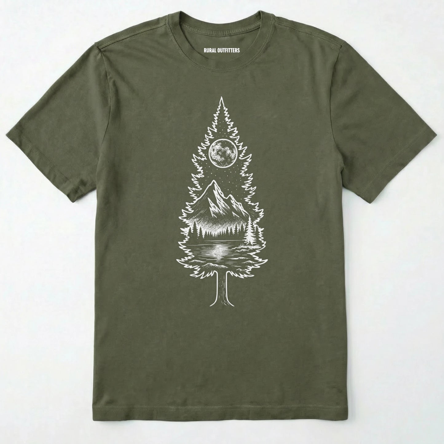 Military Green tree t-shirt featuring a detailed white graphic of a pine tree silhouette. the tree outline contains a landscape scene: a mountain peak rising over a forested shoreline, with its reflection visible in a lake below. above the mountain is a starry night sky and a full or partial circle representing the moon or sun.