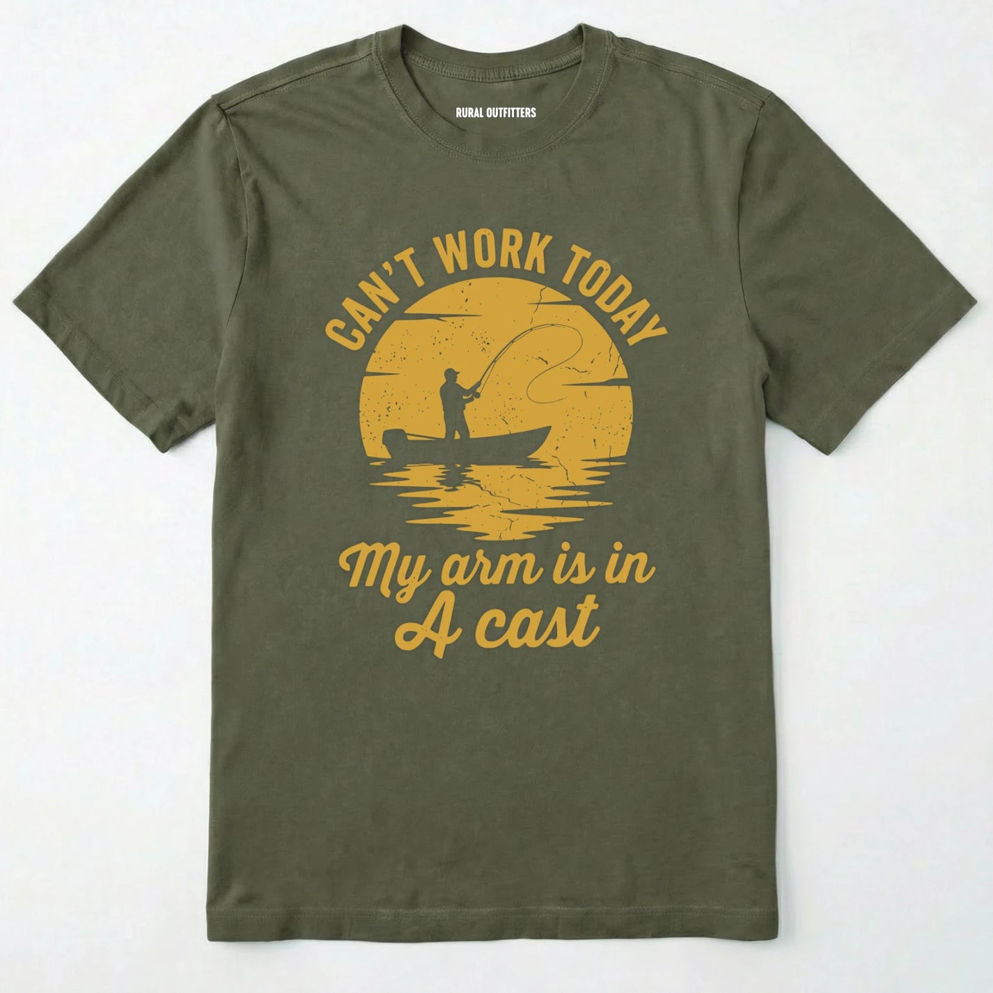 Military Green t-shirt with yellow graphic and text on a white background