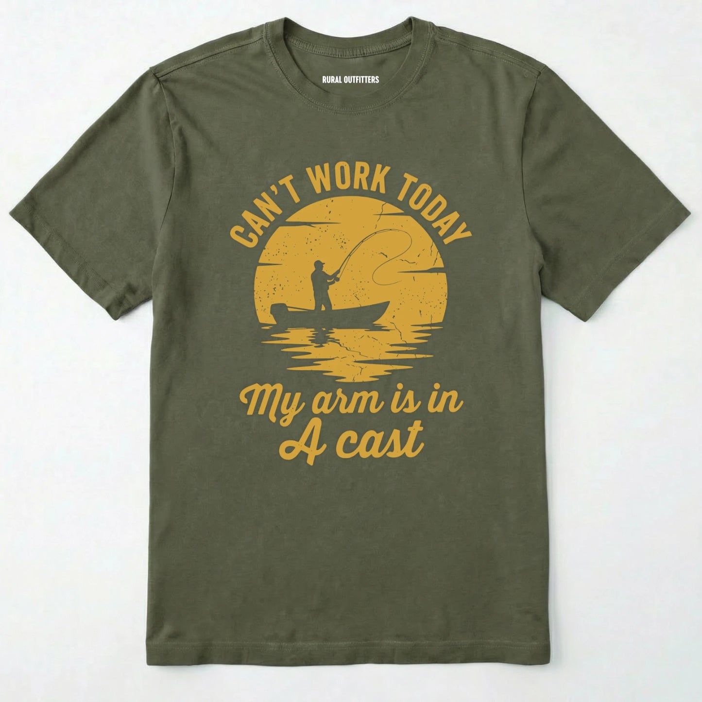 Military Green t-shirt with yellow graphic and text on a white background