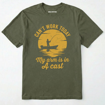 Military Green t-shirt with yellow graphic and text on a white background