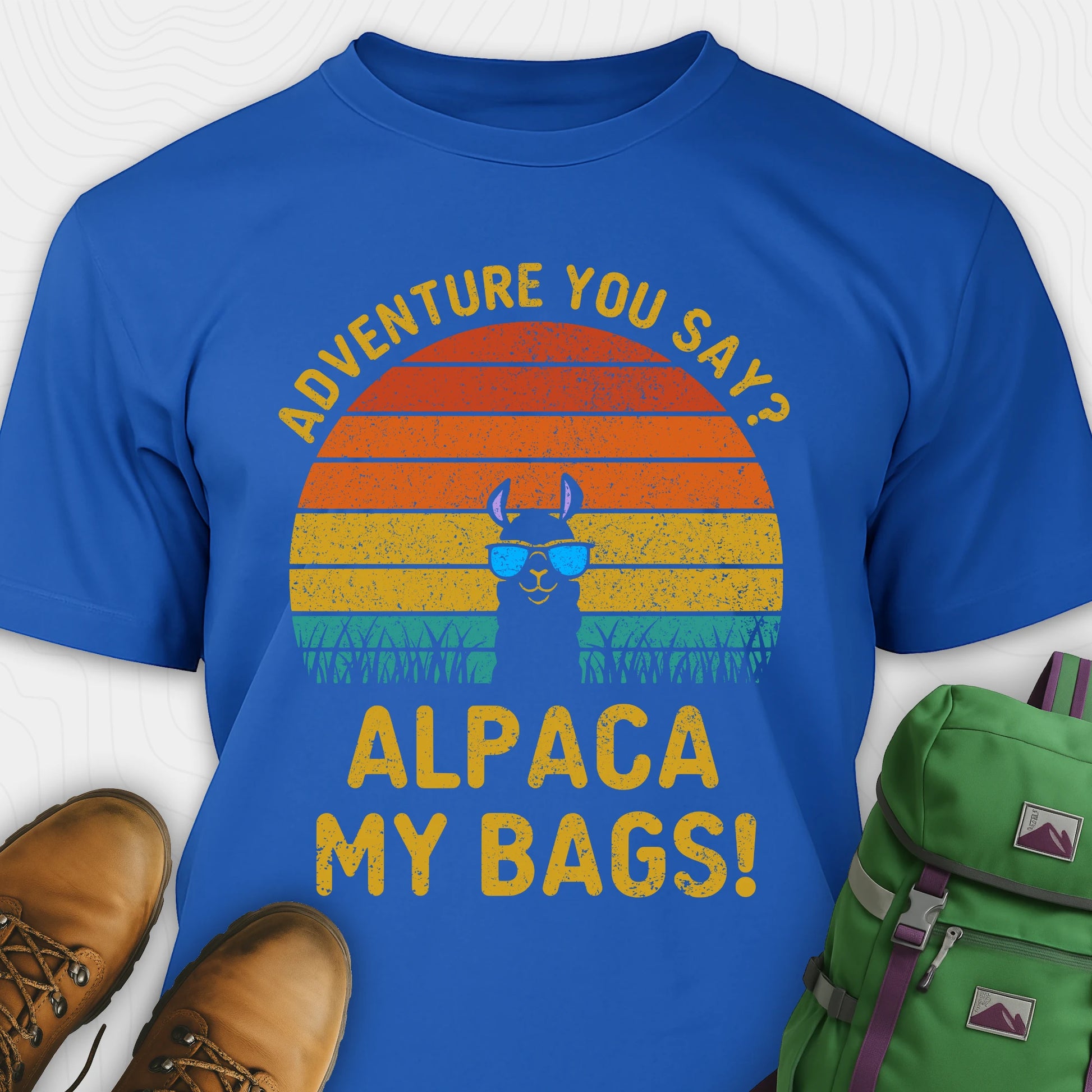 Blue alpaca my bags shirt with retro sunset and llama graphic