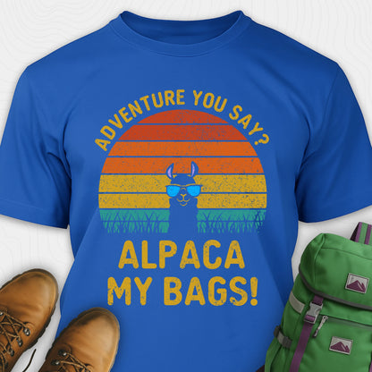 Blue alpaca my bags shirt with retro sunset and llama graphic