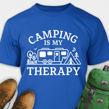 Blue camping is my therapy shirt with rv and tent design