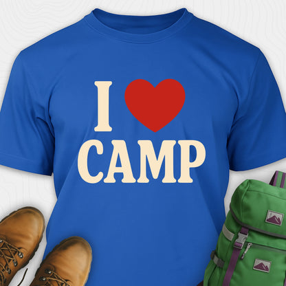 Blue I love camp t-shirt with bold text and heart design