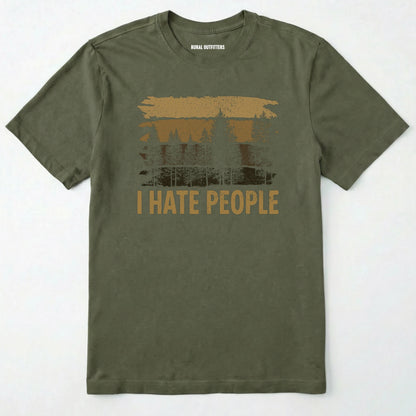 Military Green i hate people t-shirt with a distressed forest graphic on a white background.
