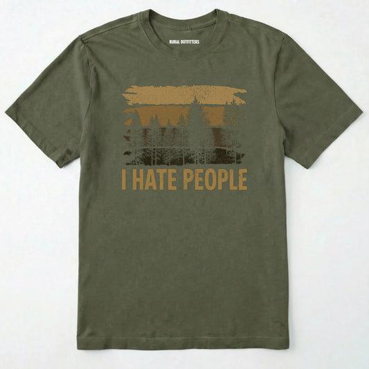 Military Green i hate people t-shirt with a distressed forest graphic on a white background.