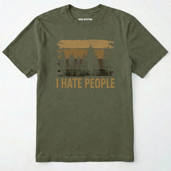 Military Green i hate people t-shirt with a distressed forest graphic on a white background.