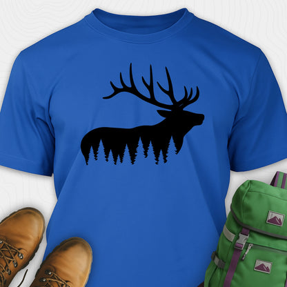 Blue elk shirt with black elk silhouette design, paired with brown boots and a green backpack on a white background.