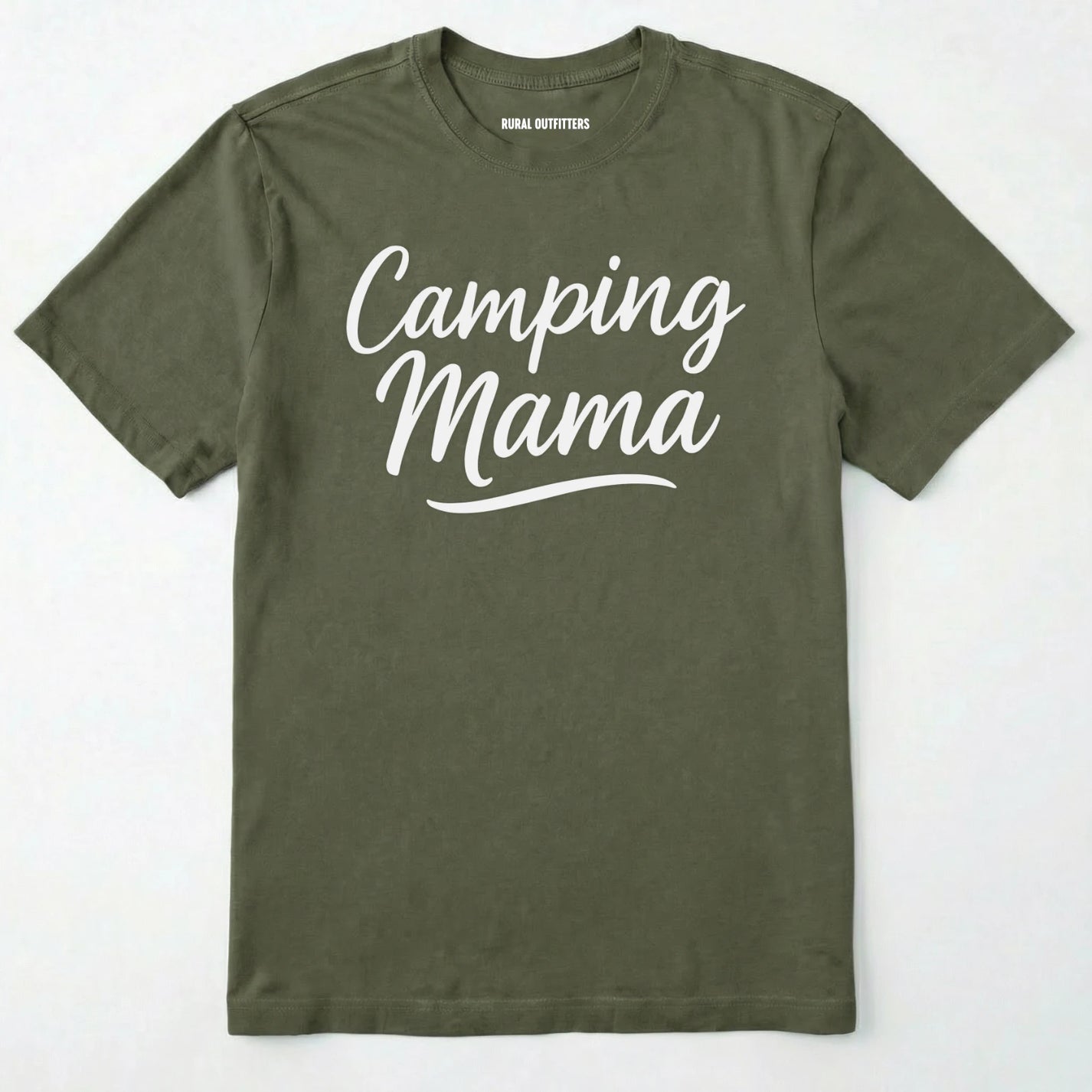 Military Green camping mama shirt with script design on a white background.