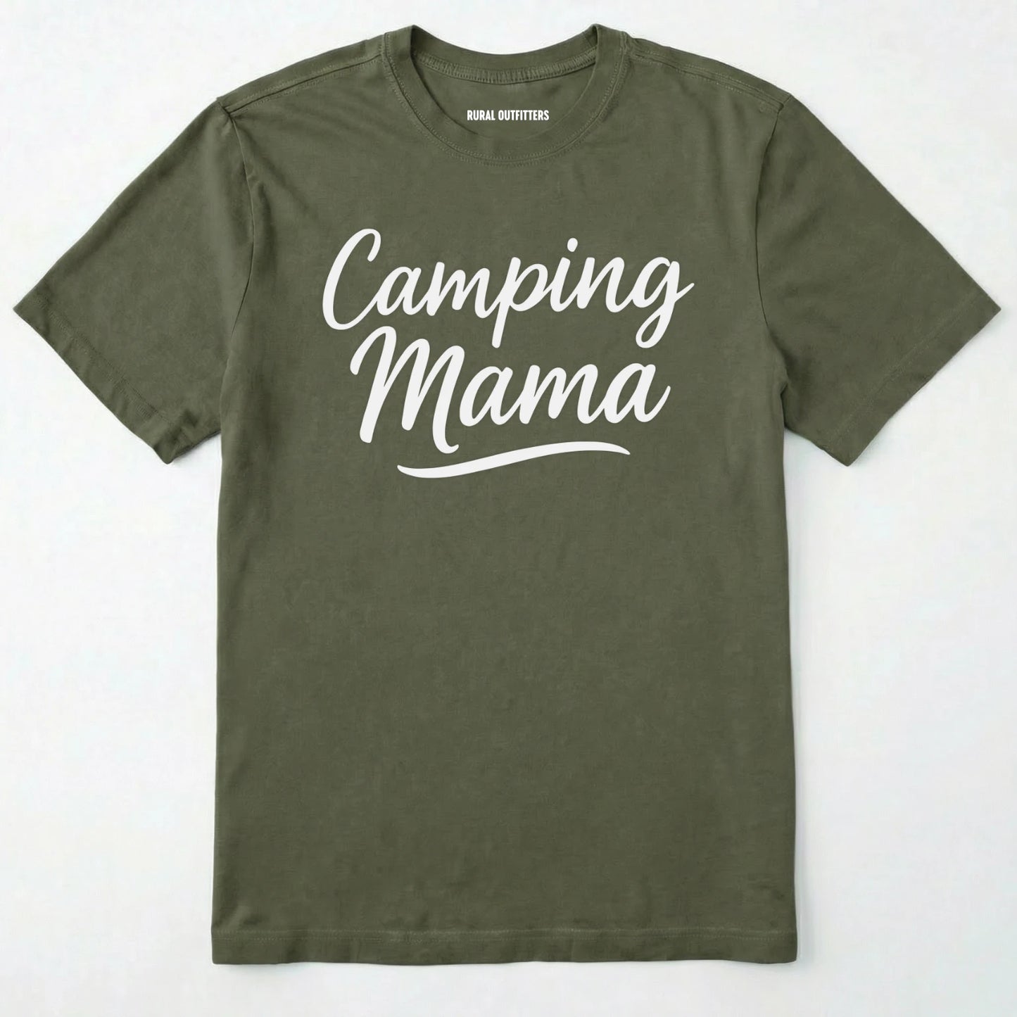 Military Green camping mama shirt with script design on a white background.