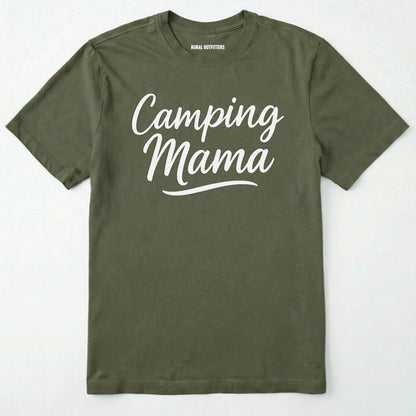 Military Green camping mama shirt with script design on a white background.