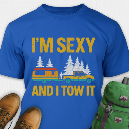 Blue I'm Sexy and I Tow It shirt with truck and trailer graphic design on a white background