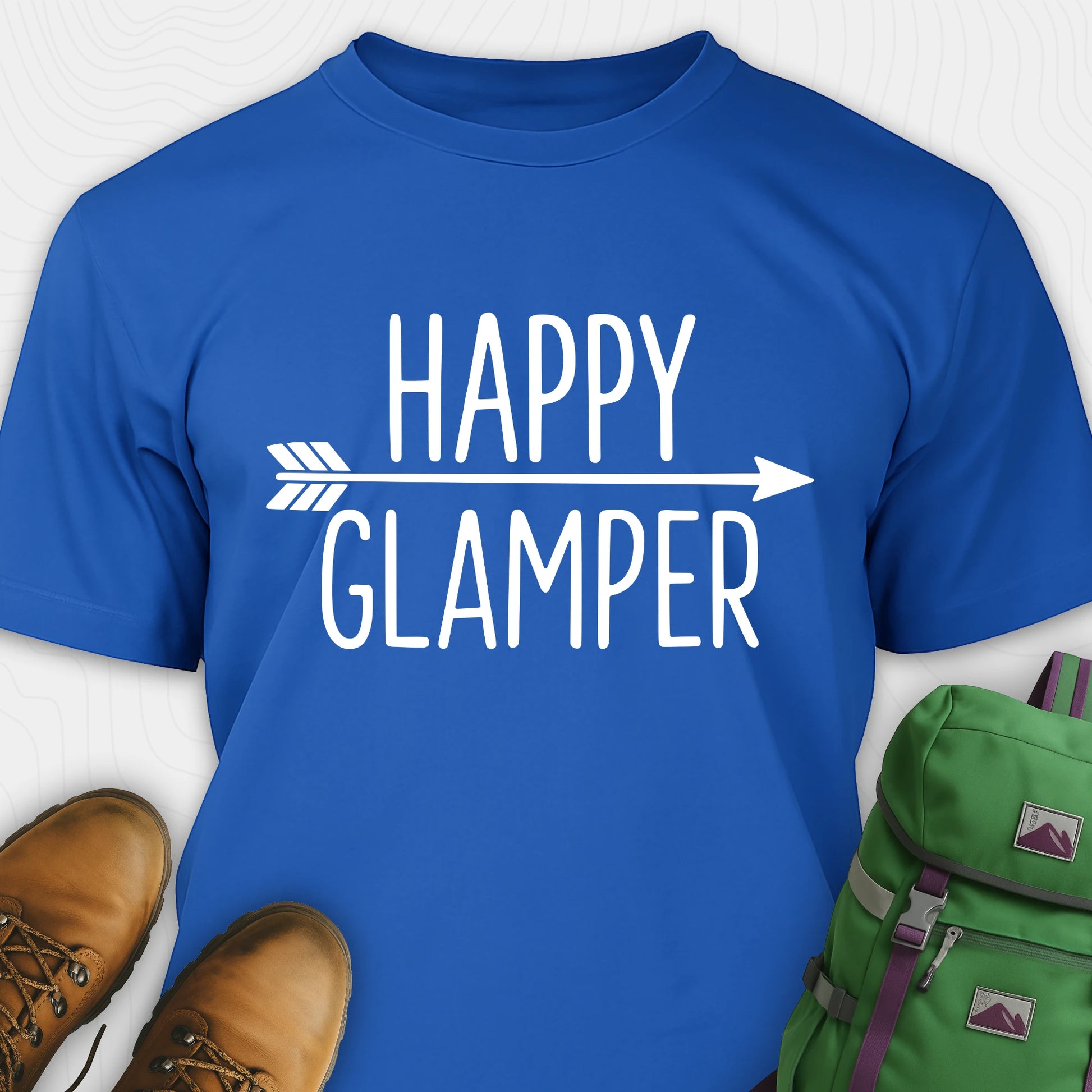 Blue happy glamper shirt with arrow graphic