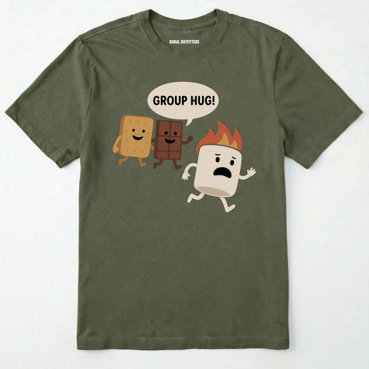 Military Green smores shirt with marshmallow chocolate and graham cracker characters with "group hug!" text on a white background.