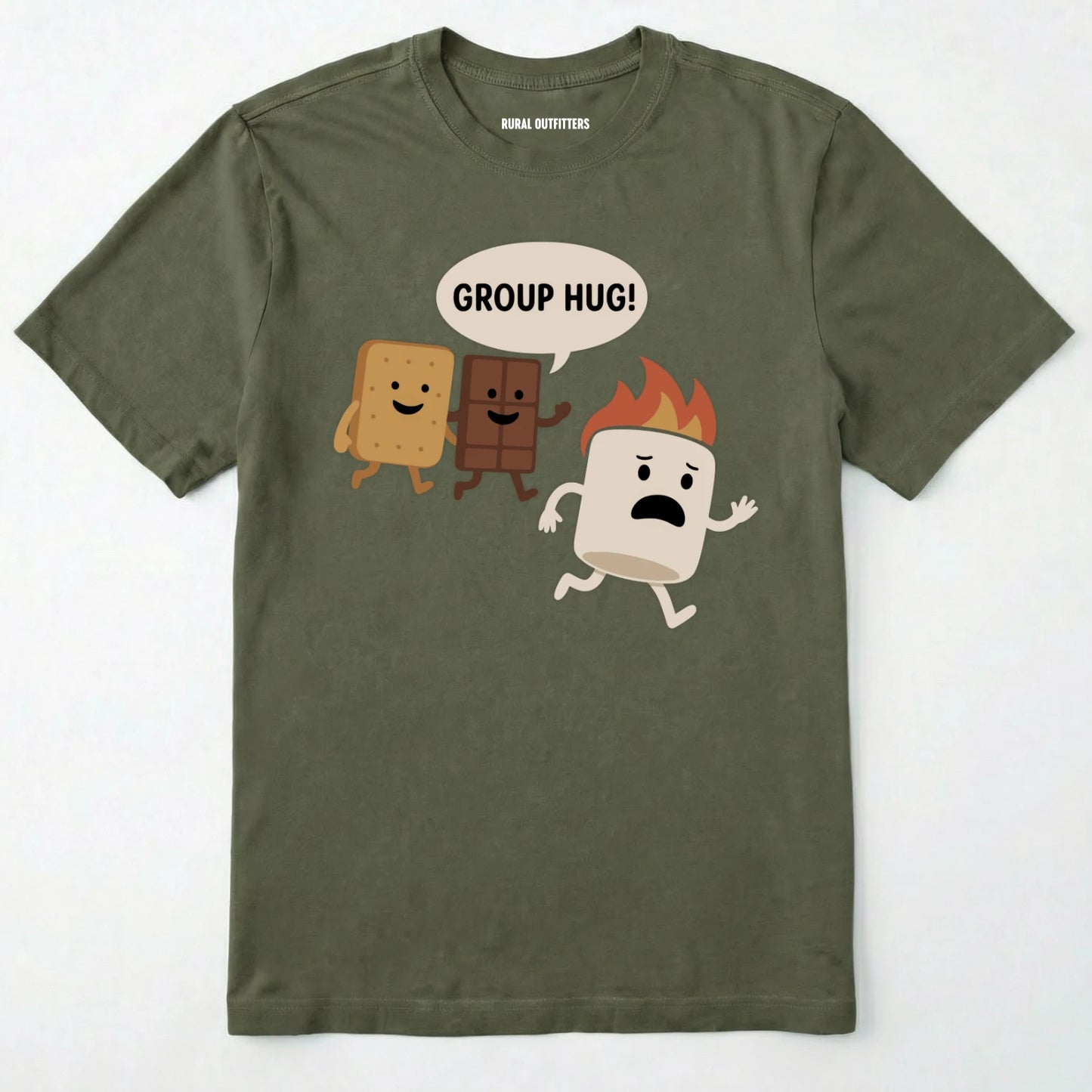 Military Green smores shirt with marshmallow chocolate and graham cracker characters with "group hug!" text on a white background.