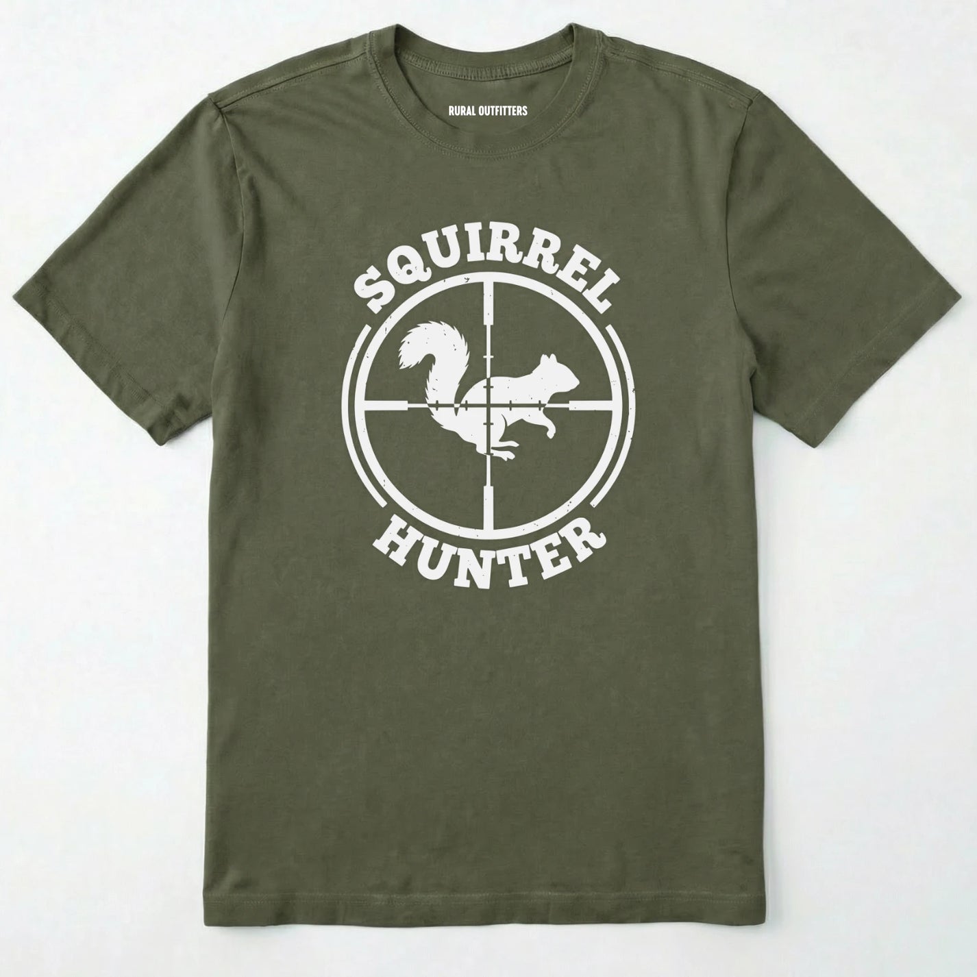 Military Green t-shirt with 'squirrel hunter' graphic on a white background