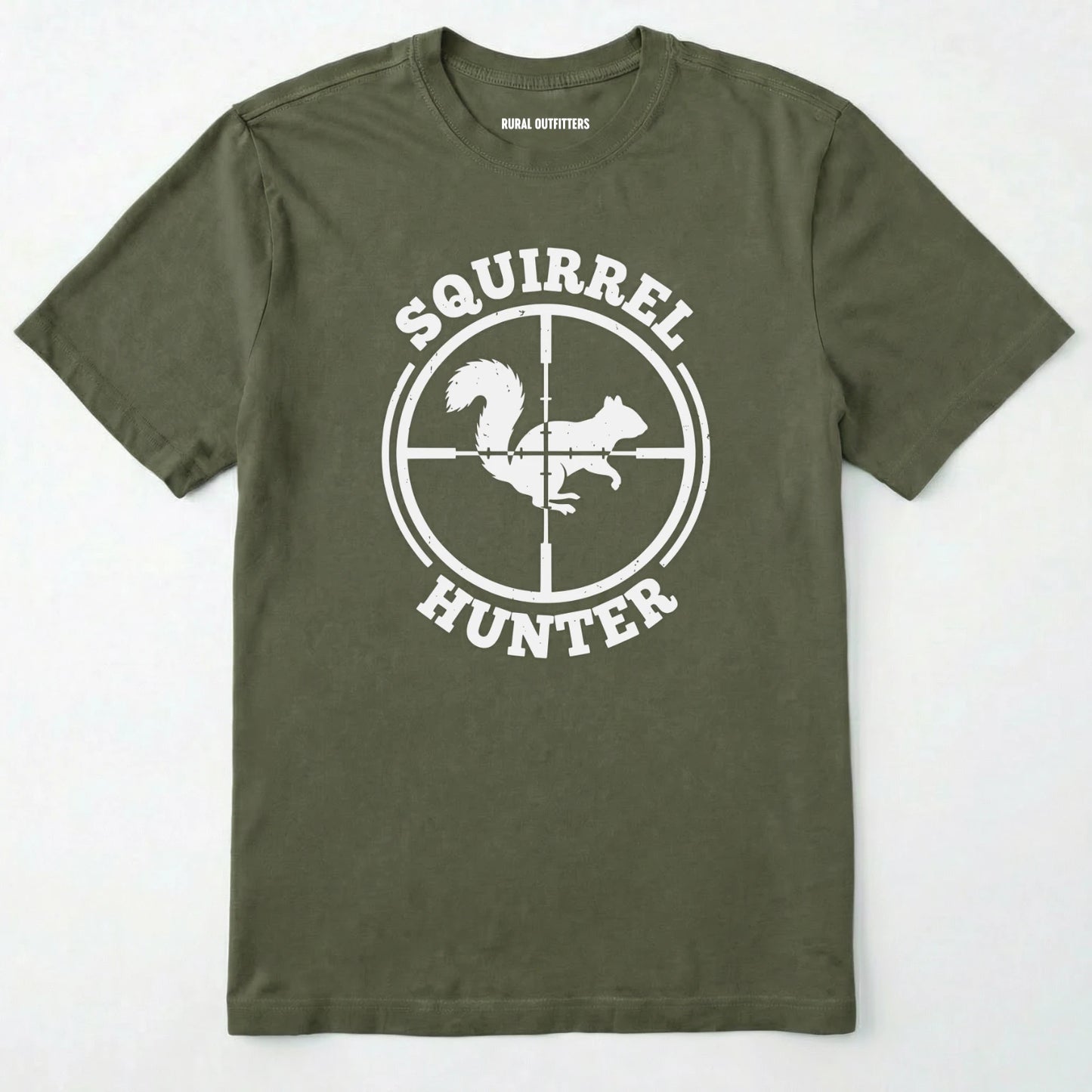 Military Green t-shirt with 'squirrel hunter' graphic on a white background