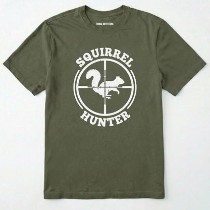 Military Green t-shirt with 'squirrel hunter' graphic on a white background