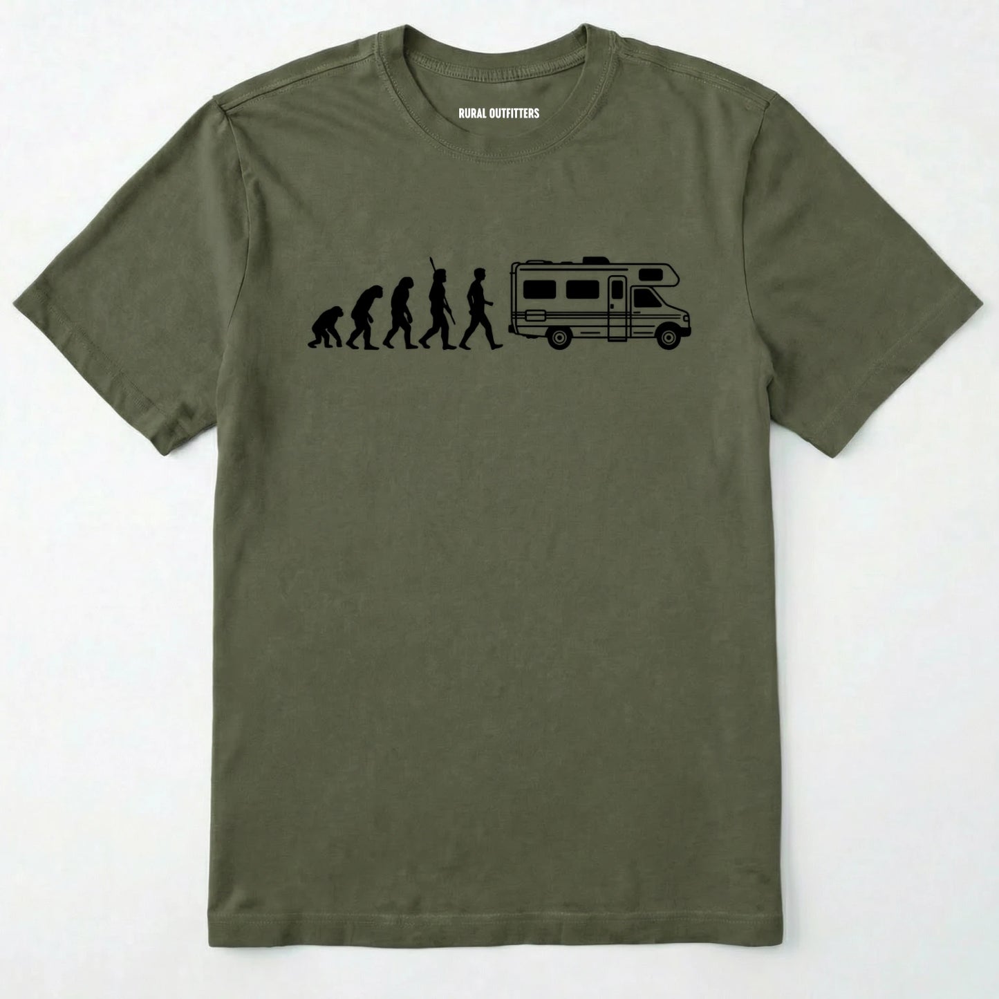 Military Green evolution shirt featuring a human to rv silhouette graphic on a white background.
