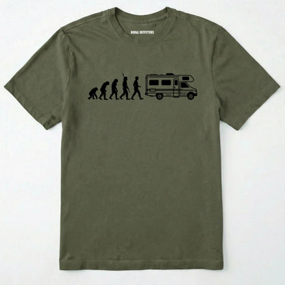 Military Green evolution shirt featuring a human to rv silhouette graphic on a white background.